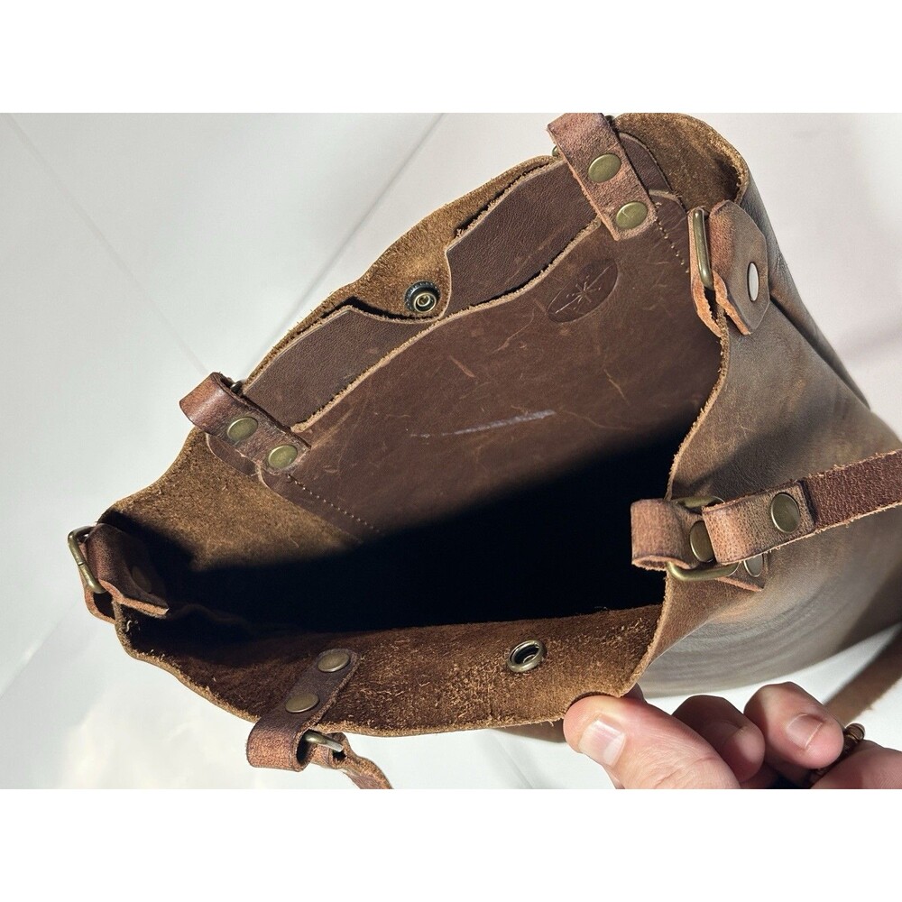 Vintage 90s Handmade Leather Small Tote Bag Hand Bag Brown Bourbon Made in USA - Picture 12 of 14